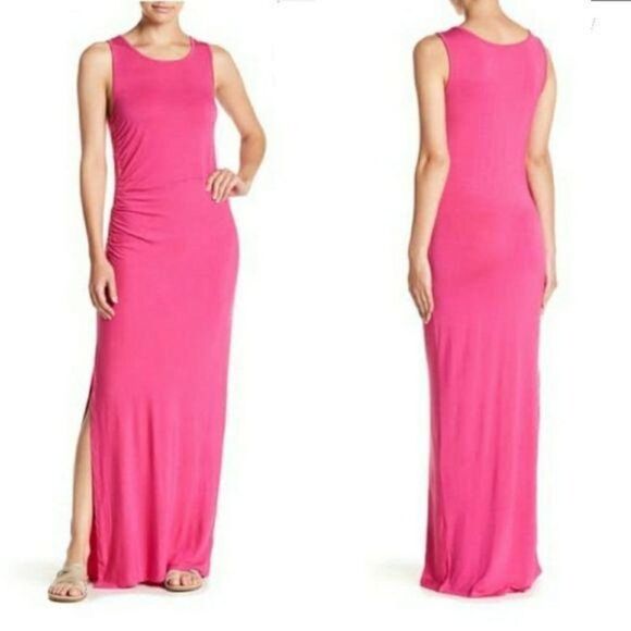 Bobeau Ruched Side Slit Sleeveless Scoop Neck Maxi Dress Barbie Pink Sz S - Picture 2 of 12